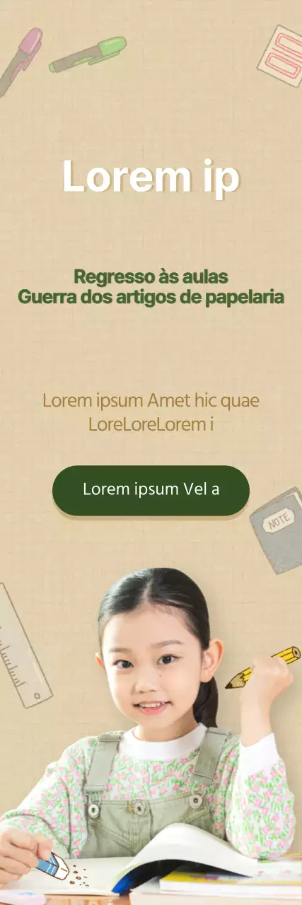 Venda de artigos de papelaria verdes e castanhos para o regresso às aulas