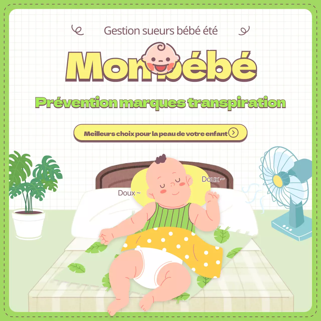 Conseils pour prévenir les irritations du bébé et recommandations pour les articles parentaux, illustrés en vert clair et en jaune.