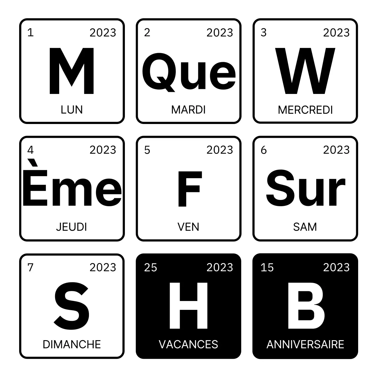 Conception de la date et du jour avec un concept de tableau périodique en noir et blanc