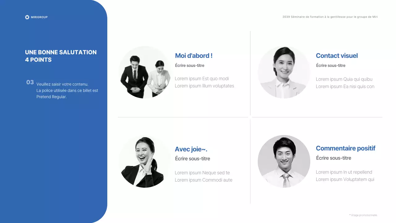Séminaire de formation à la gentillesse pour le personnel des magasins du groupe Miri en bleu et gris Manuel CS Étiquette de salutation