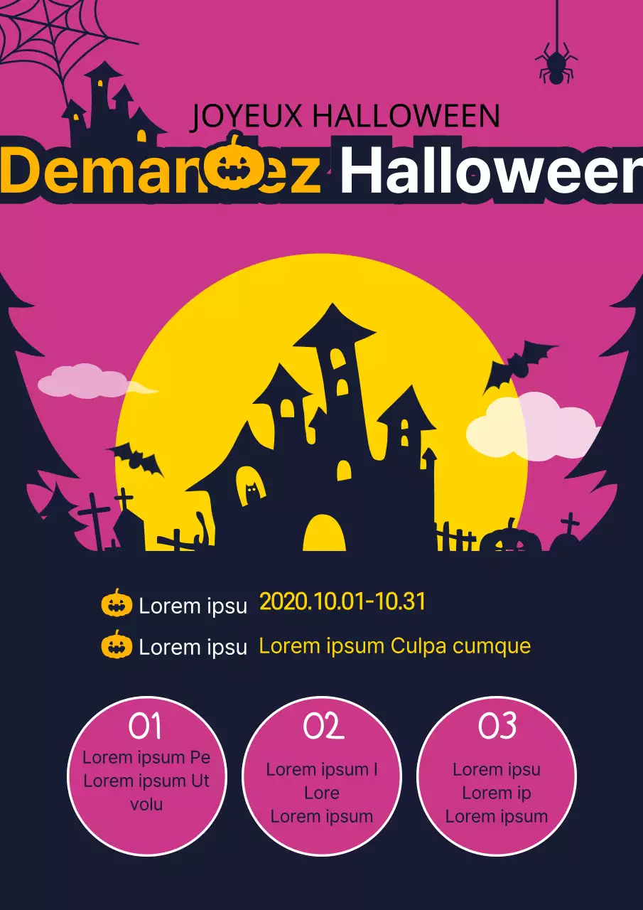 Faites la promotion de votre vente d'Halloween avec un concept mignon illustrant le château d'une sorcière violette.