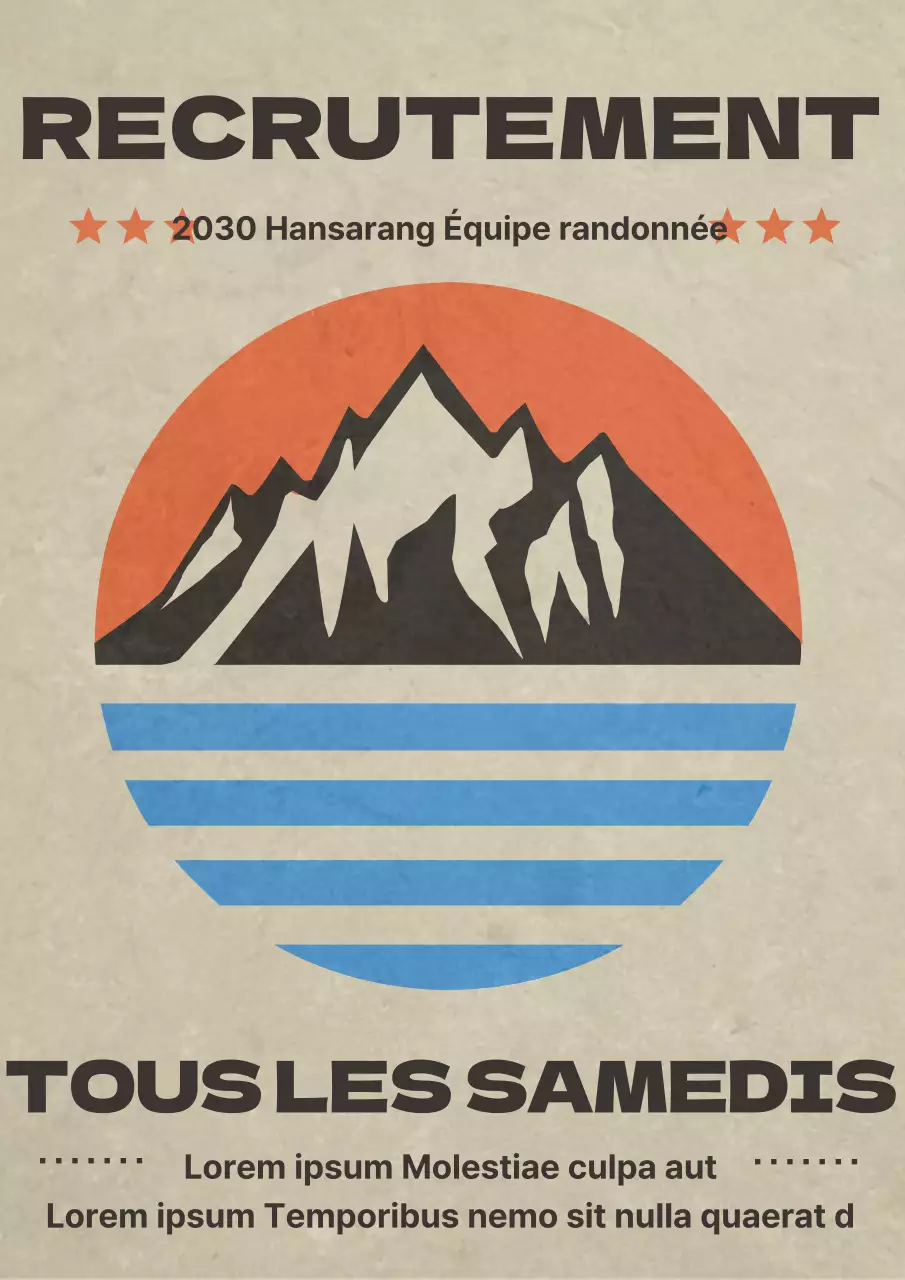 Avis de recrutement vintage de la société d'alpinisme en orange et bleu clair