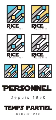 Logo simple de la marque en bleu clair, jaune et noir