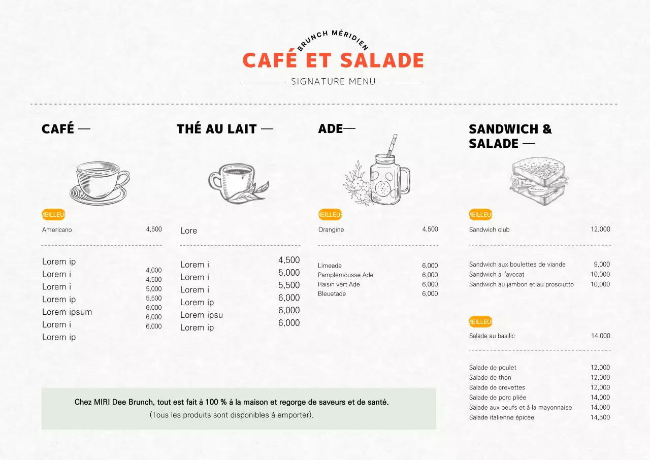 Carte de menu verticale de café brunch avec concept orange illustré.