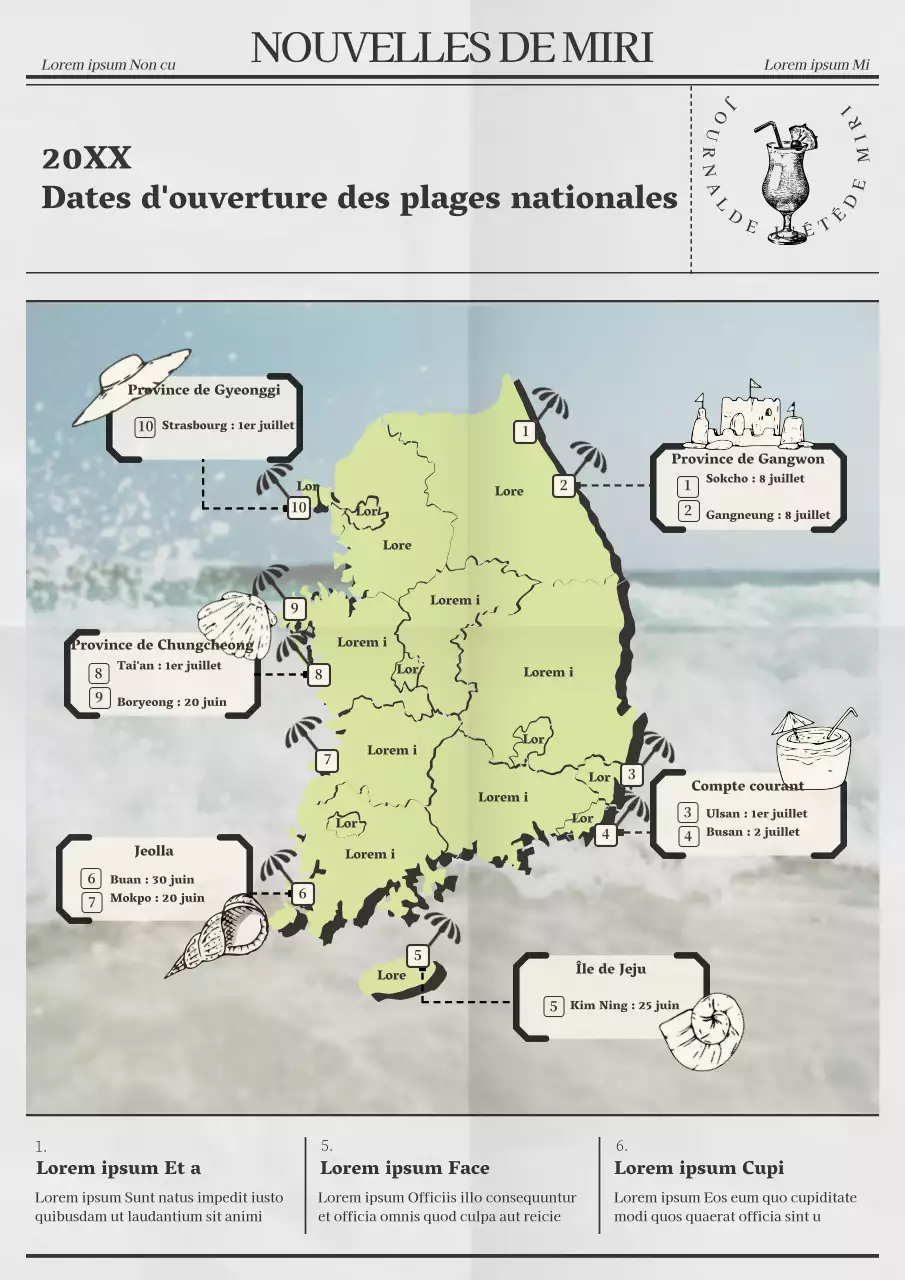 Dates d'ouverture des plages nationales avec un journal gris carte conceptuelle de la Corée
