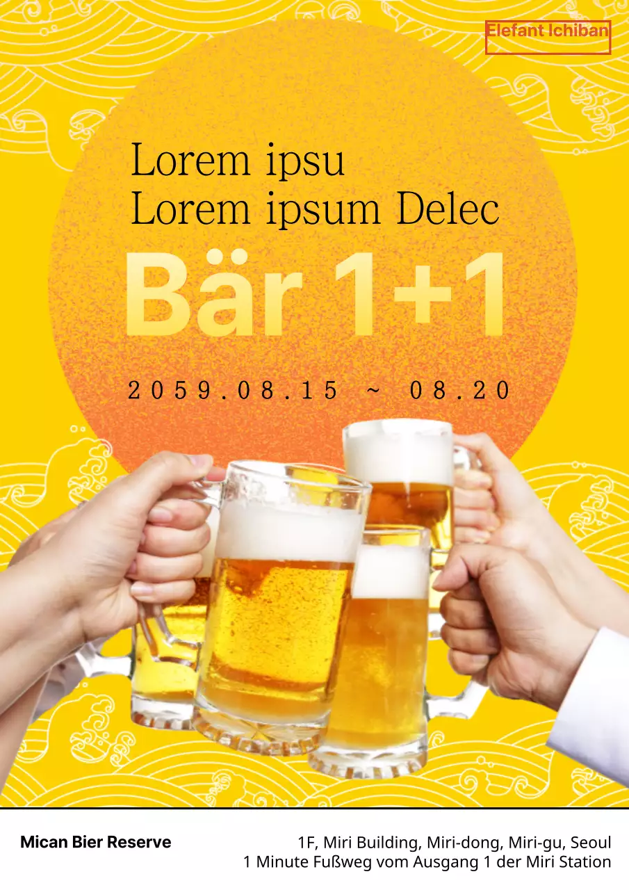 Werben Sie mit einem japanisch inspirierten Konzept mit orangefarbenen und gelben Meeresillustrationen für eine Veranstaltung mit Bierrabatt.