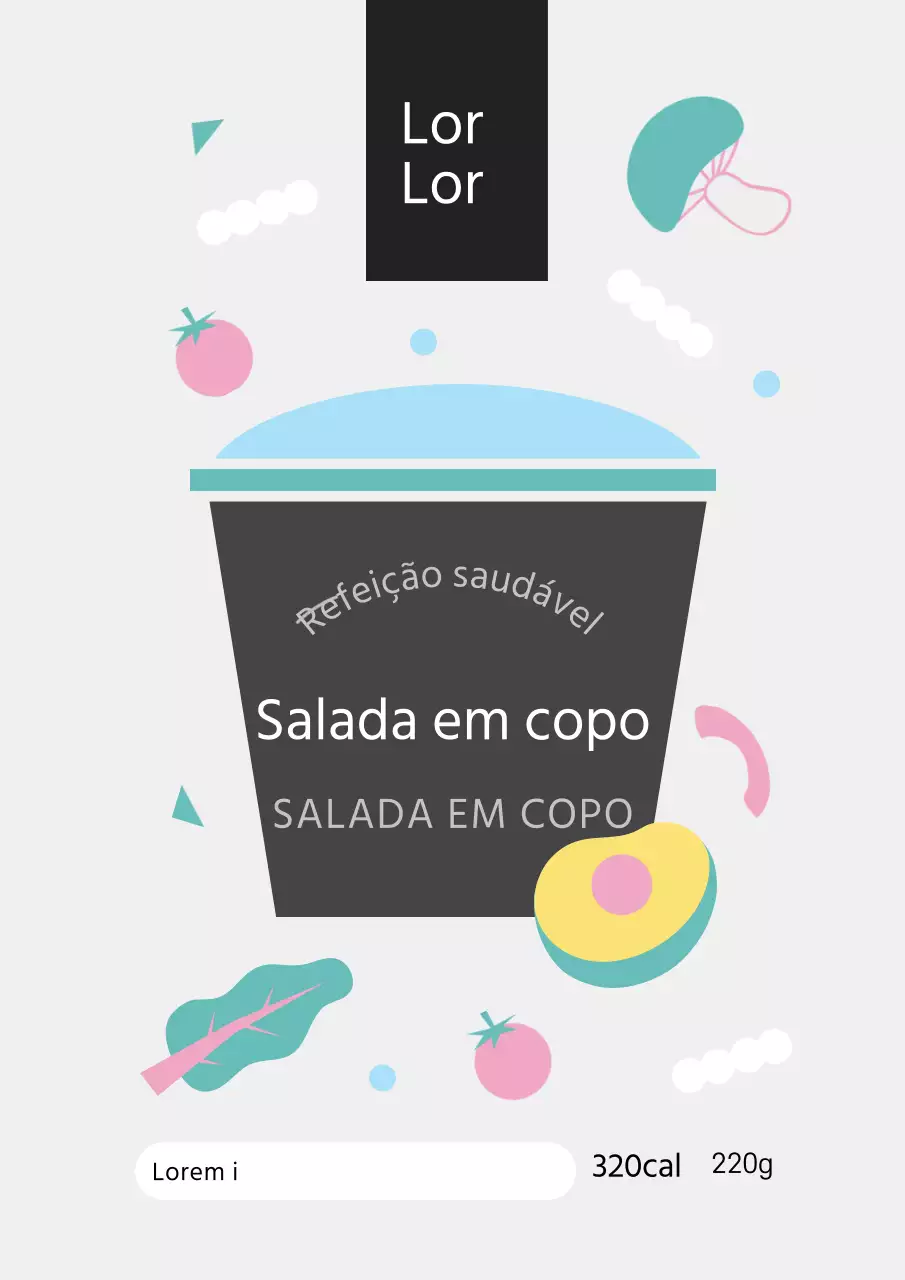 Cartaz de design de rótulo de produto de salada de chávena em cinzento