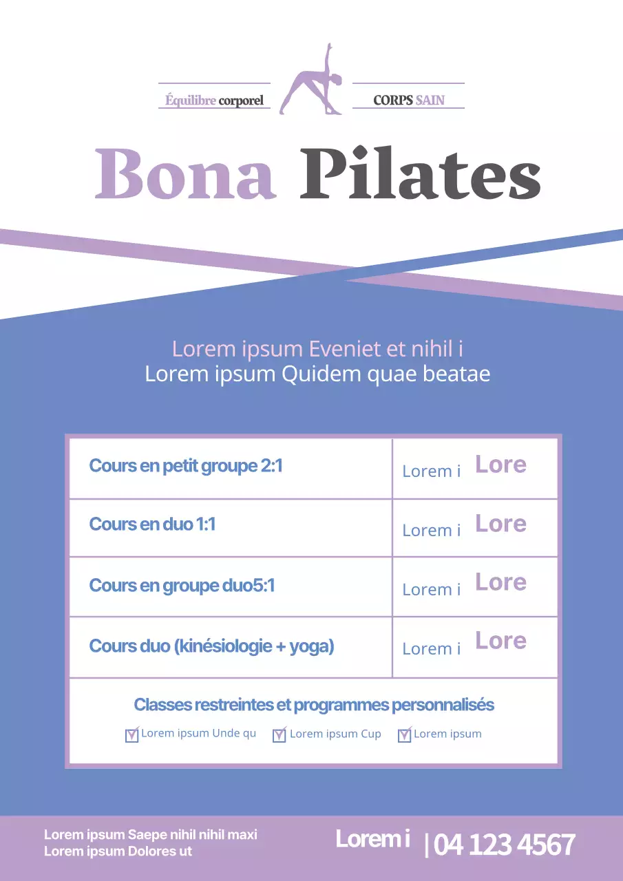 Promouvoir un programme scolaire Pilates simple avec des tables bleues et violettes