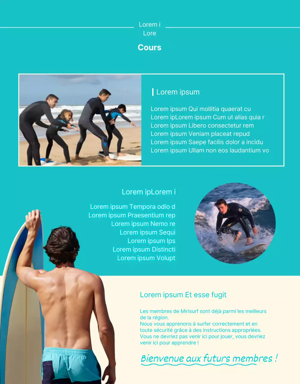 Page d'information sur le surf, rafraîchissante et de couleur menthe