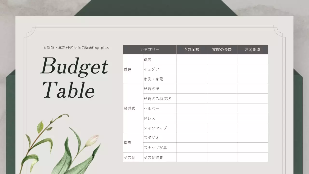 緑 上品 結婚式 計画書 プレゼンテーション