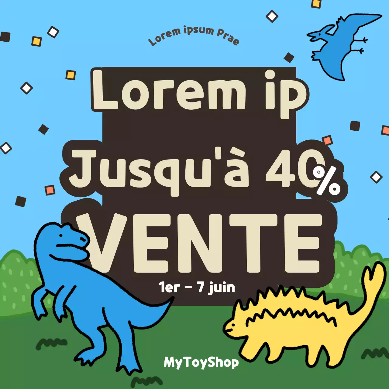 Vente de jouets à l'occasion de la Journée des dinosaures avec des illustrations de dinosaures mignons et colorés en bleu clair