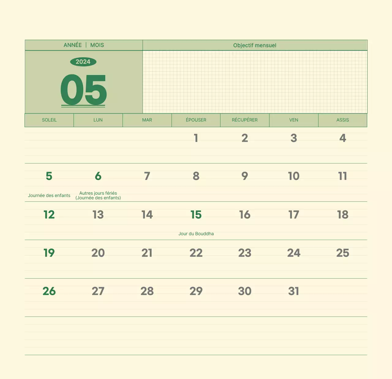 Calendrier mural SAT D-day notepad concept en vert et jaune clair
