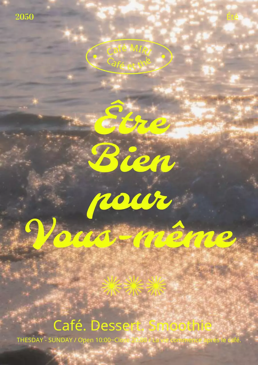 Affiche promotionnelle simple d'un café sur fond de mer avec texte jaune