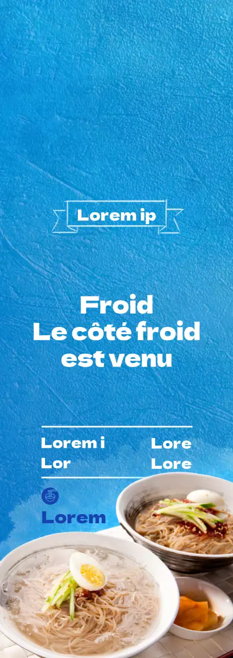 Un style simple, bleu et jaune, pour le menu et la promotion d'un restaurant de nouilles froides.