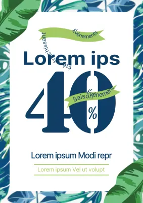 Flyer promouvant un événement de réduction pour une marque de vêtements de plage élégants, en bleu et vert.