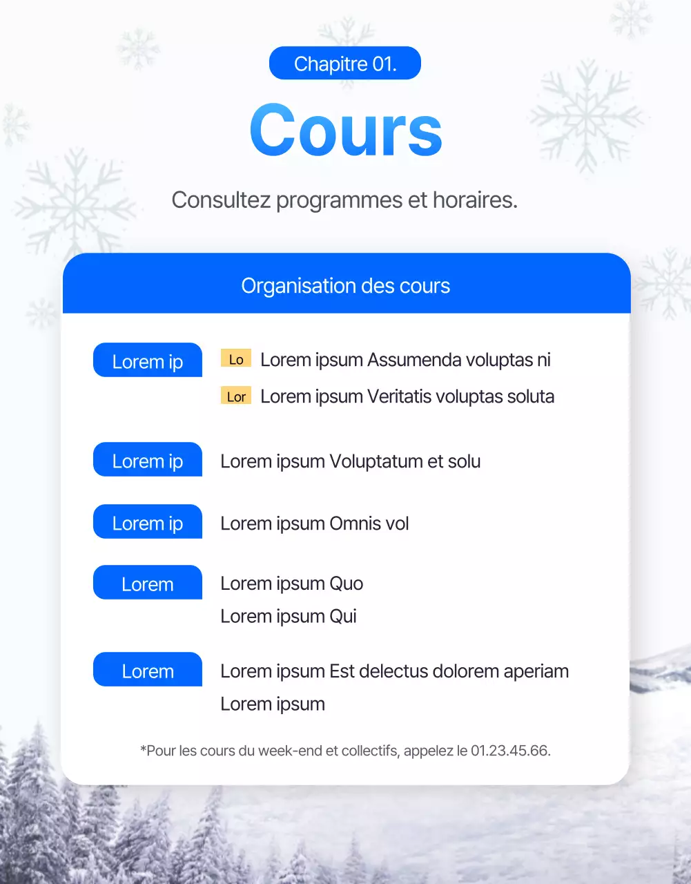Cours de ski et de snowboard sur le thème de l'hiver en bleu (plus)
