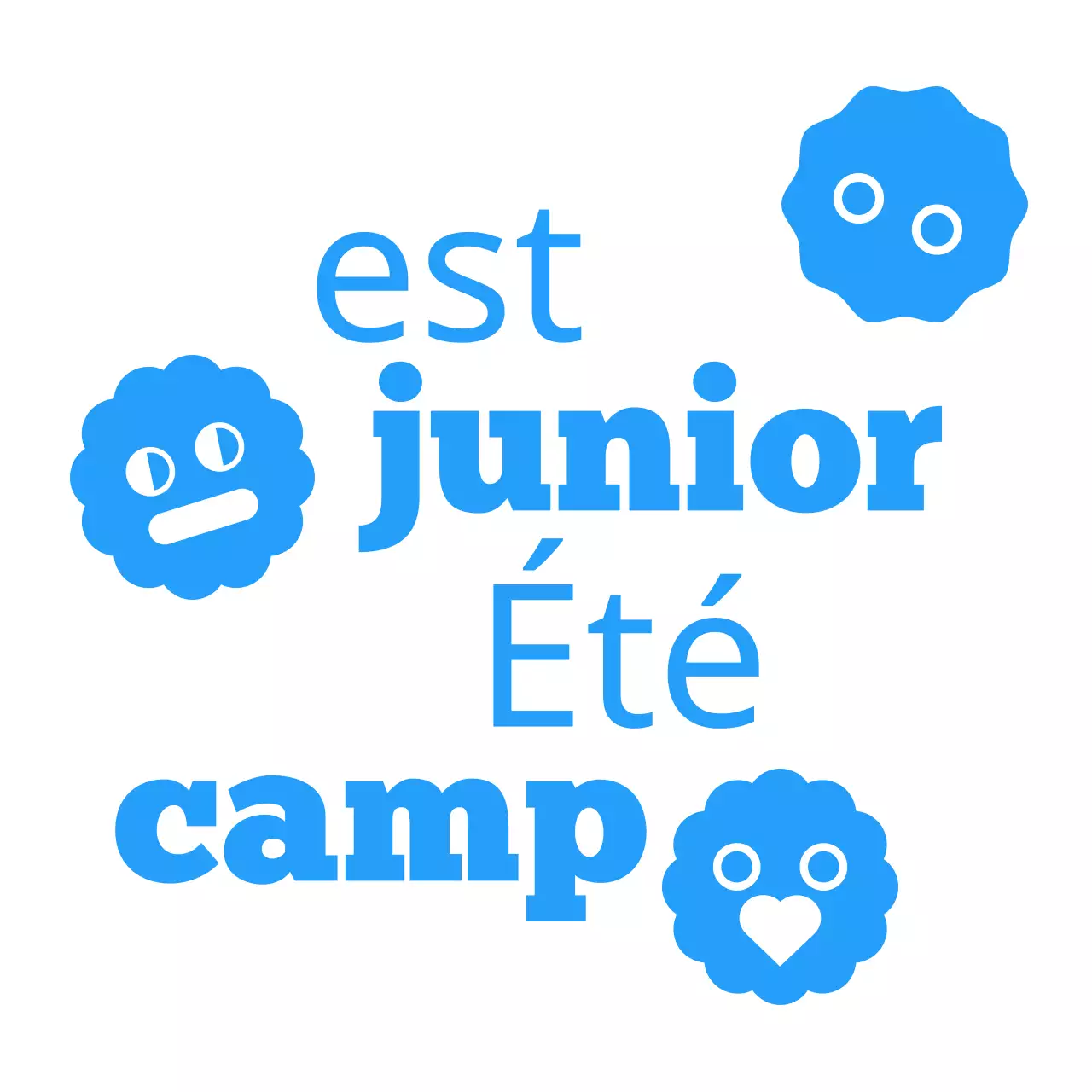 T-shirt de groupe représentant un concept de camp d'été pour enfants avec des personnages et des formes mignons en bleu.