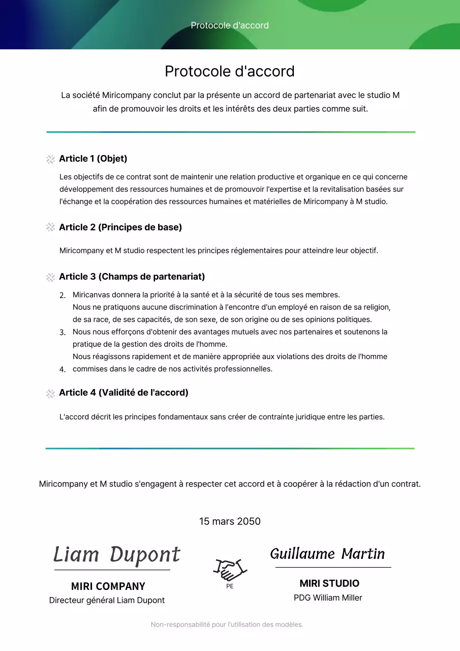 Contrat d'affaires en dégradé bleu marine et vert (modèle d'affaires)