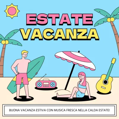 Annuncio kitsch per le vacanze estive in giallo e azzurro