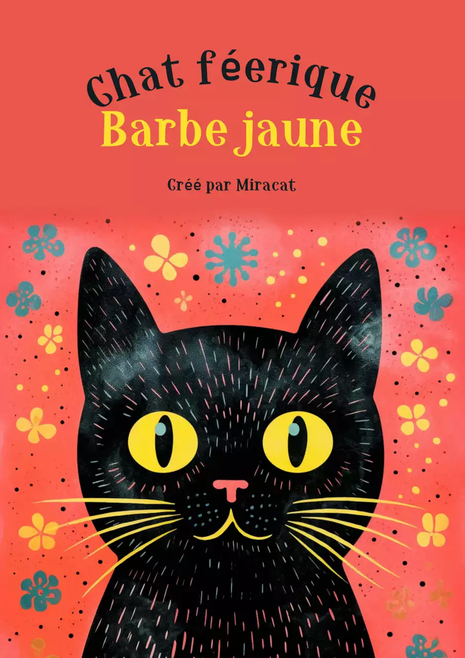 Les aventures magiques d'un chat noir dans un motif floral sur fond rouge