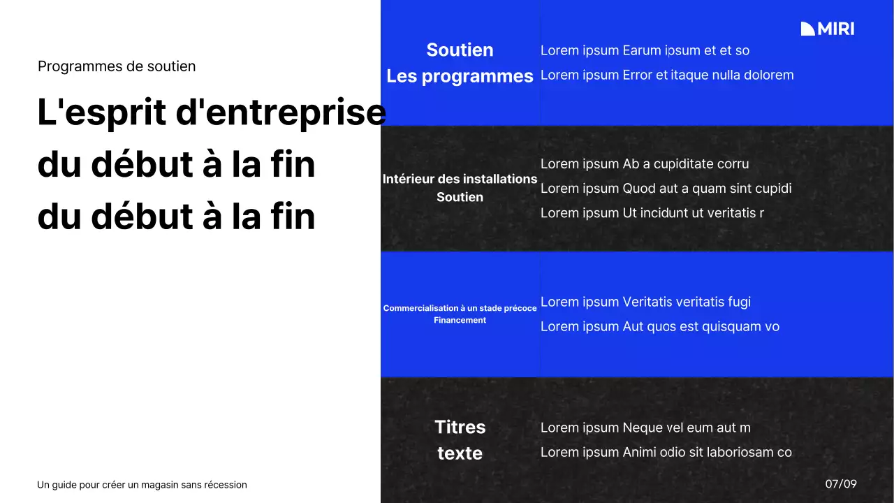 Guide pour la création d'un centre commercial avec une palette de couleurs et une grille blanche, bleue et noire