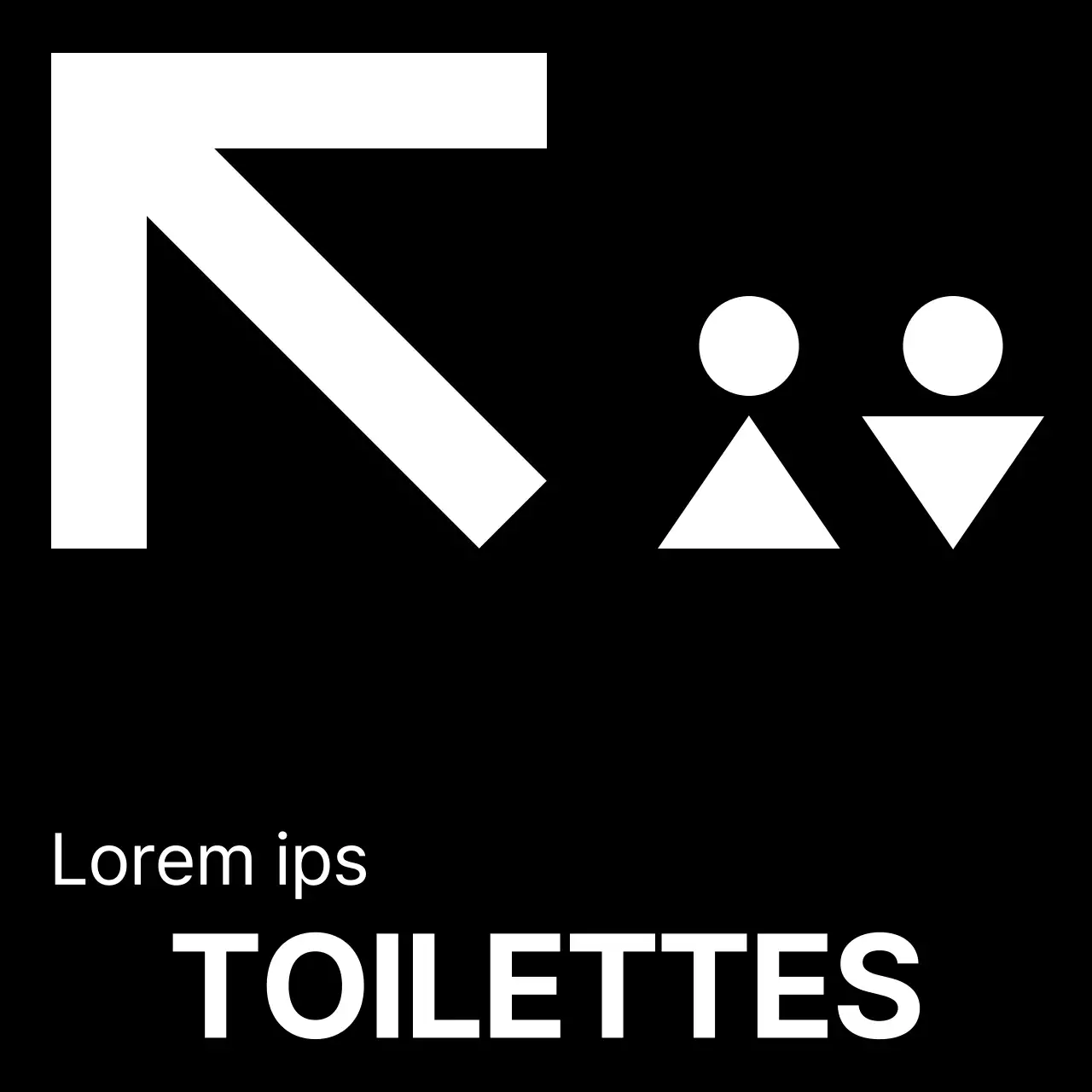 Style simple en noir et blanc avec des icônes de toilettes modernes et des indications textuelles.