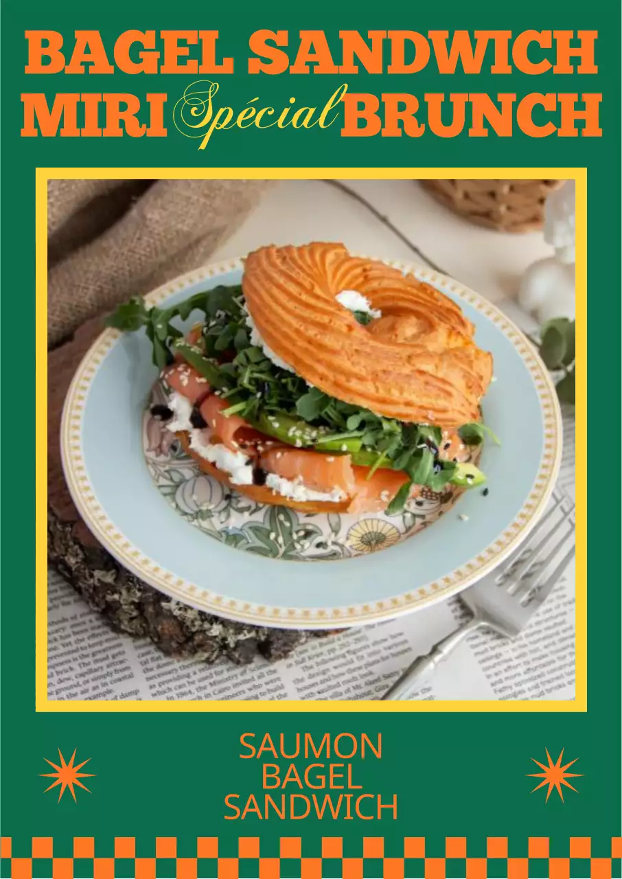 Menu d'un café avec sandwich au saumon et bagel lors du brunch de Pointul en juin, sur fond vert frais et dans une palette de couleurs complémentaires orange.