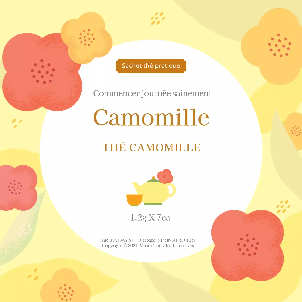 Illustration jaune étiquette de thé à la camomille