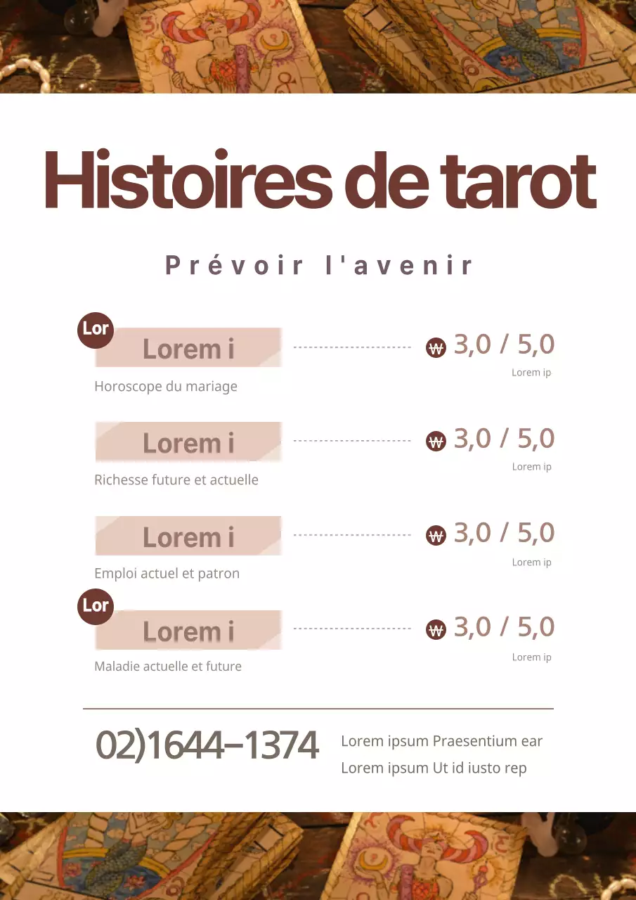 Promouvoir le menu d'un simple magasin de cartes de tarot avec des images de cartes de tarot brunes