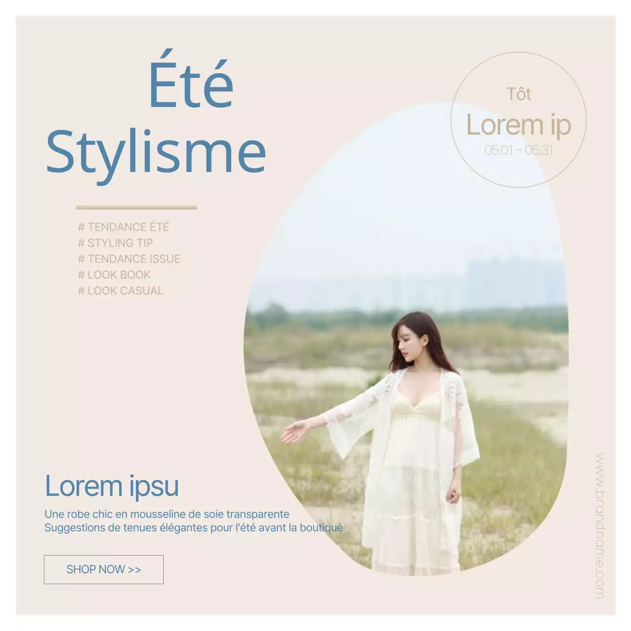 Promouvoir les suggestions de tenues d'été beiges et bleues et les événements (carrés sur les médias sociaux)