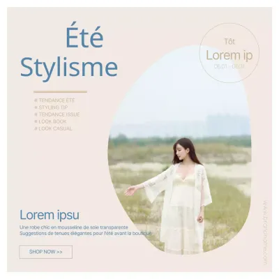 Promouvoir les suggestions de tenues d'été beiges et bleues et les événements (carrés sur les médias sociaux)