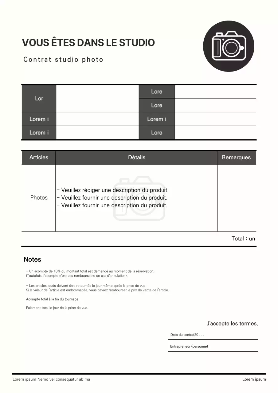 Un document contractuel de tournage propre, en noir et blanc