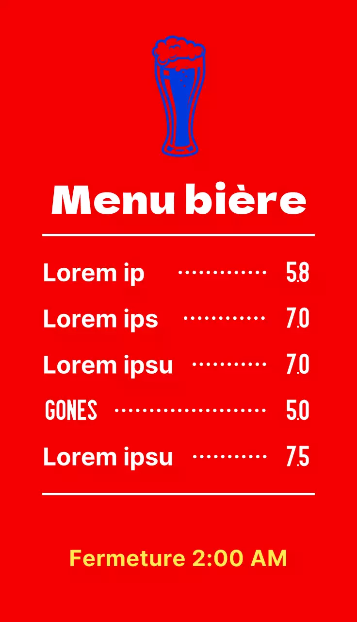 Panneau de menu de pub de bière avec des illustrations de bières branchées en bleu