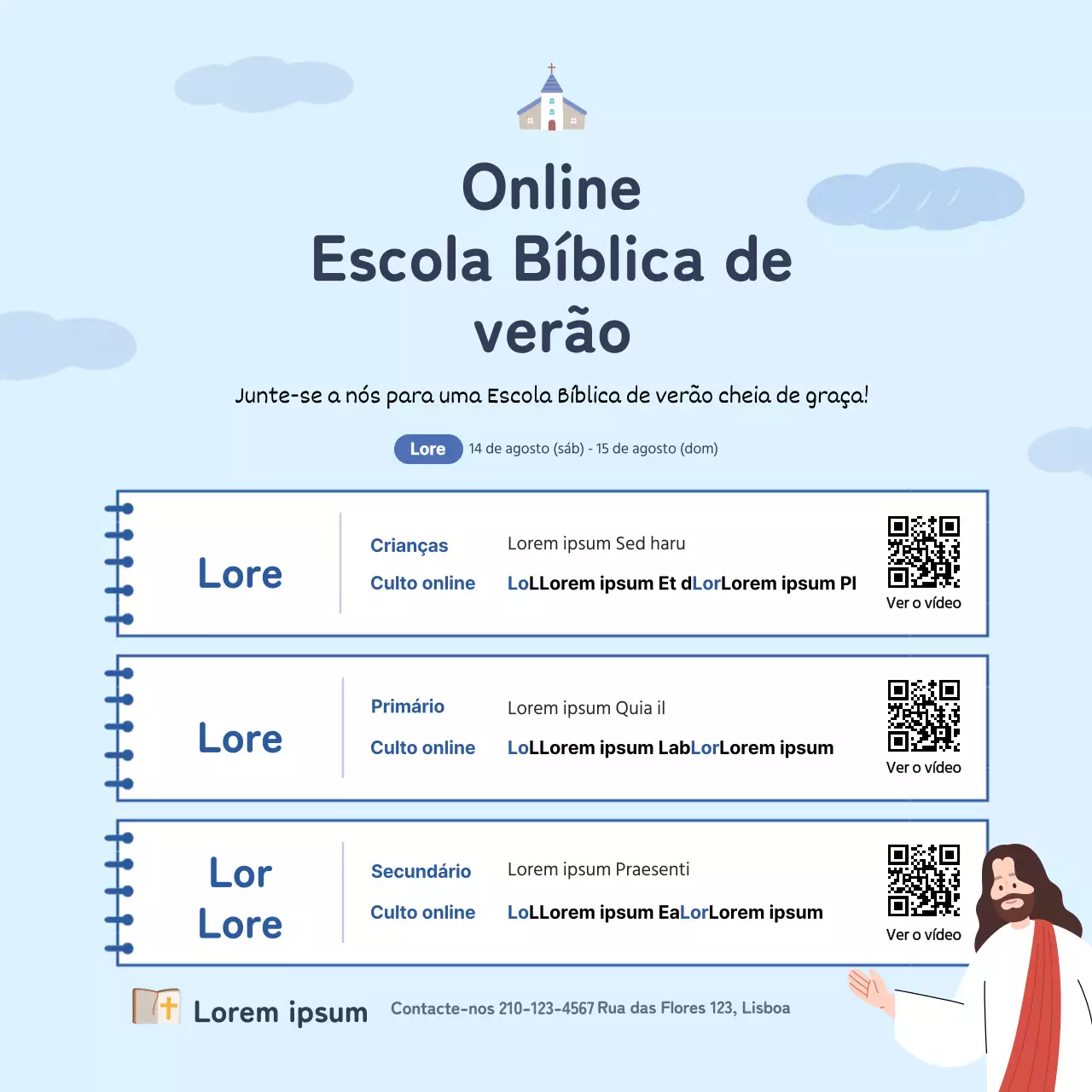 Cartaz quadrado de uma igreja para uma escola bíblica de verão online com uma ilustração azul clara da Noteconcept.