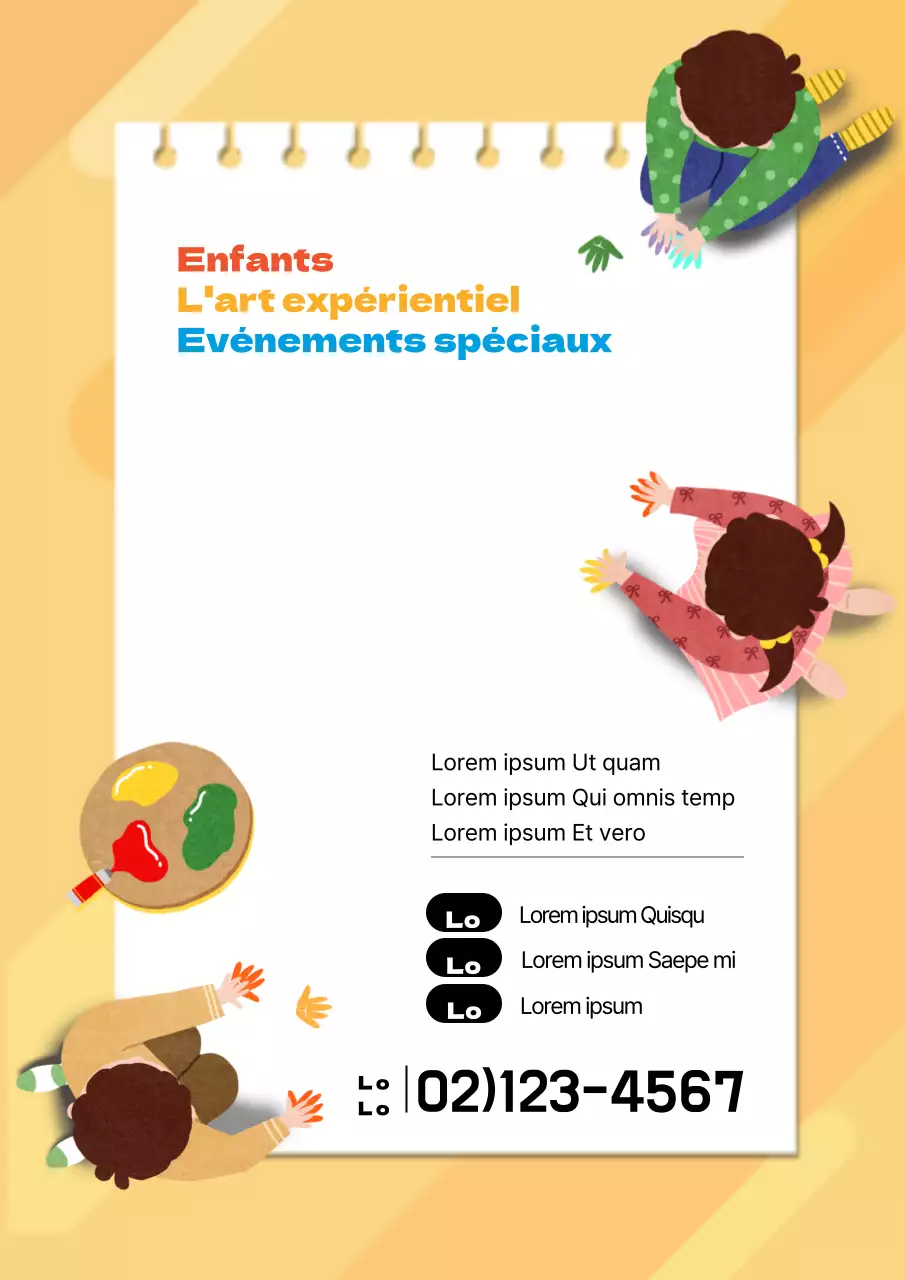 Un joli dépliant jaune promouvant un cours d'arts plastiques pour enfants.