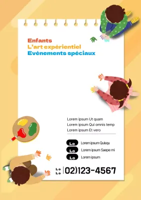 Un joli dépliant jaune promouvant un cours d'arts plastiques pour enfants.