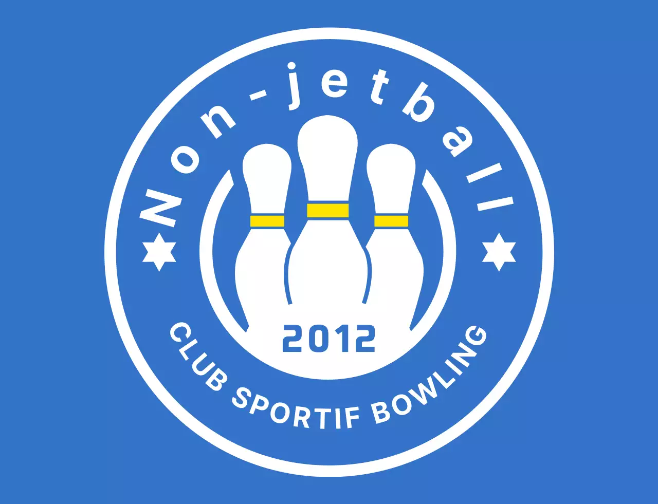Illustration de bowling et logo emblématique en bleu clair, blanc et jaune pour un club de sport de bowling.