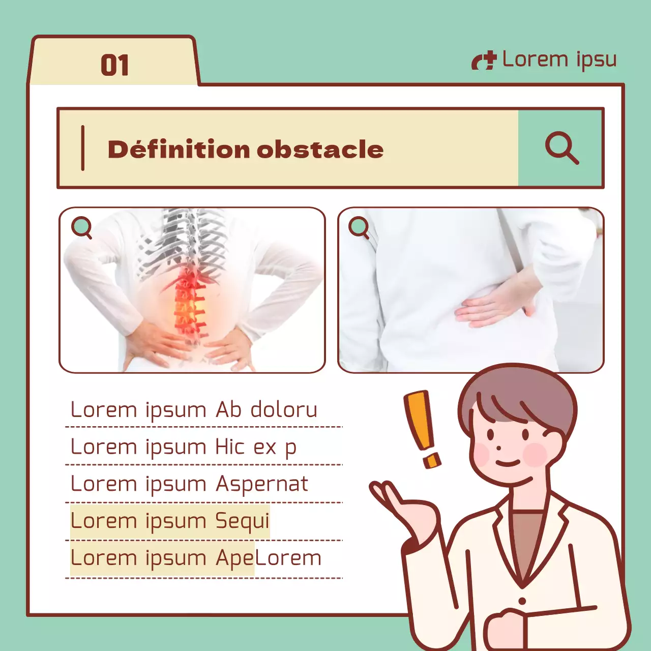 Informations sur les disques lombaires avec des éléments de la barre de recherche de couleur menthe et beige