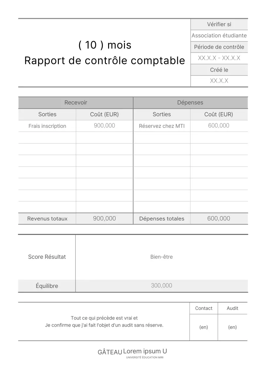 Rapport d'inspection comptable d'un club scolaire, en noir et blanc, aux lignes épurées