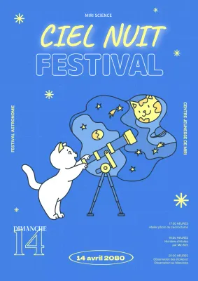 Un festival scientifique pour les jeunes avec une illustration mignonne d'un chat observant des constellations sur un fond bleu.