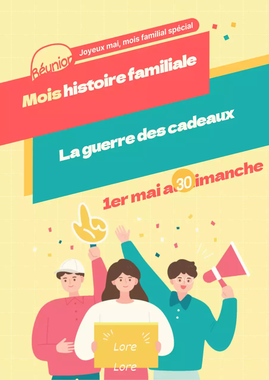 Faites la promotion d'une super remise pour le mois de mai avec une illustration jaune d'une personne et une photo d'un cadeau.