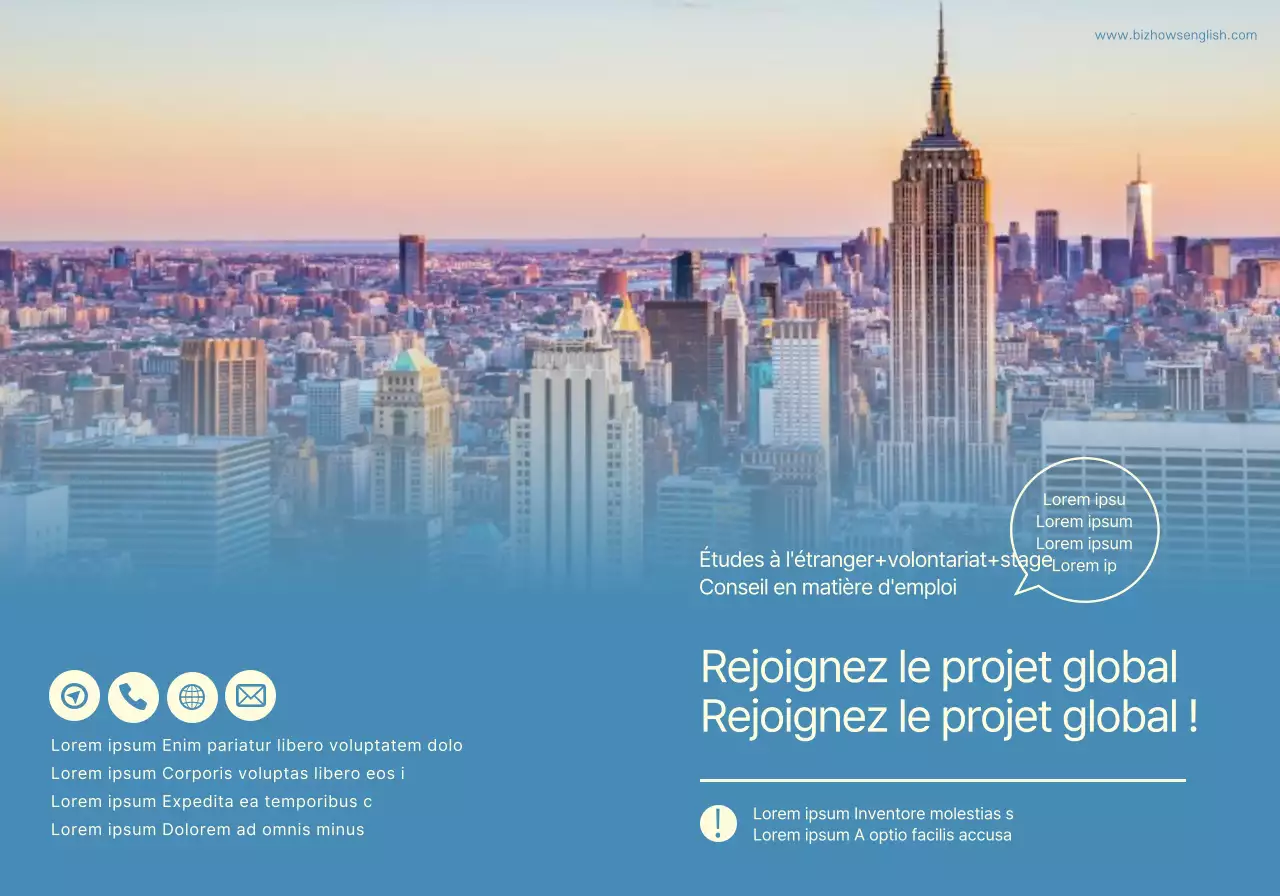 Pour la promotion d'une école de langues avec des photos bleues et jaunes de paysages étrangers