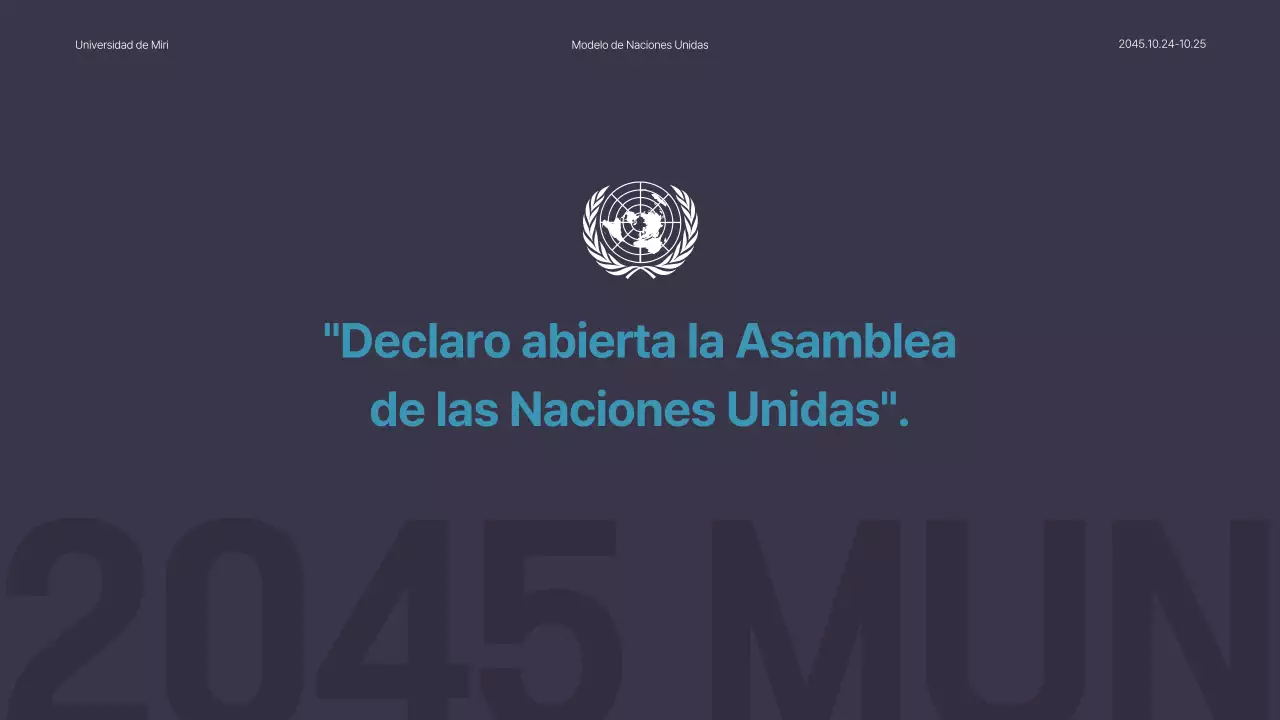 Simulacro de presentación de una conferencia de la ONU en azul y azul marino