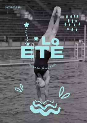 Gribouillis d'été vintage avec une fille plongeant en noir et blanc et bleu ciel