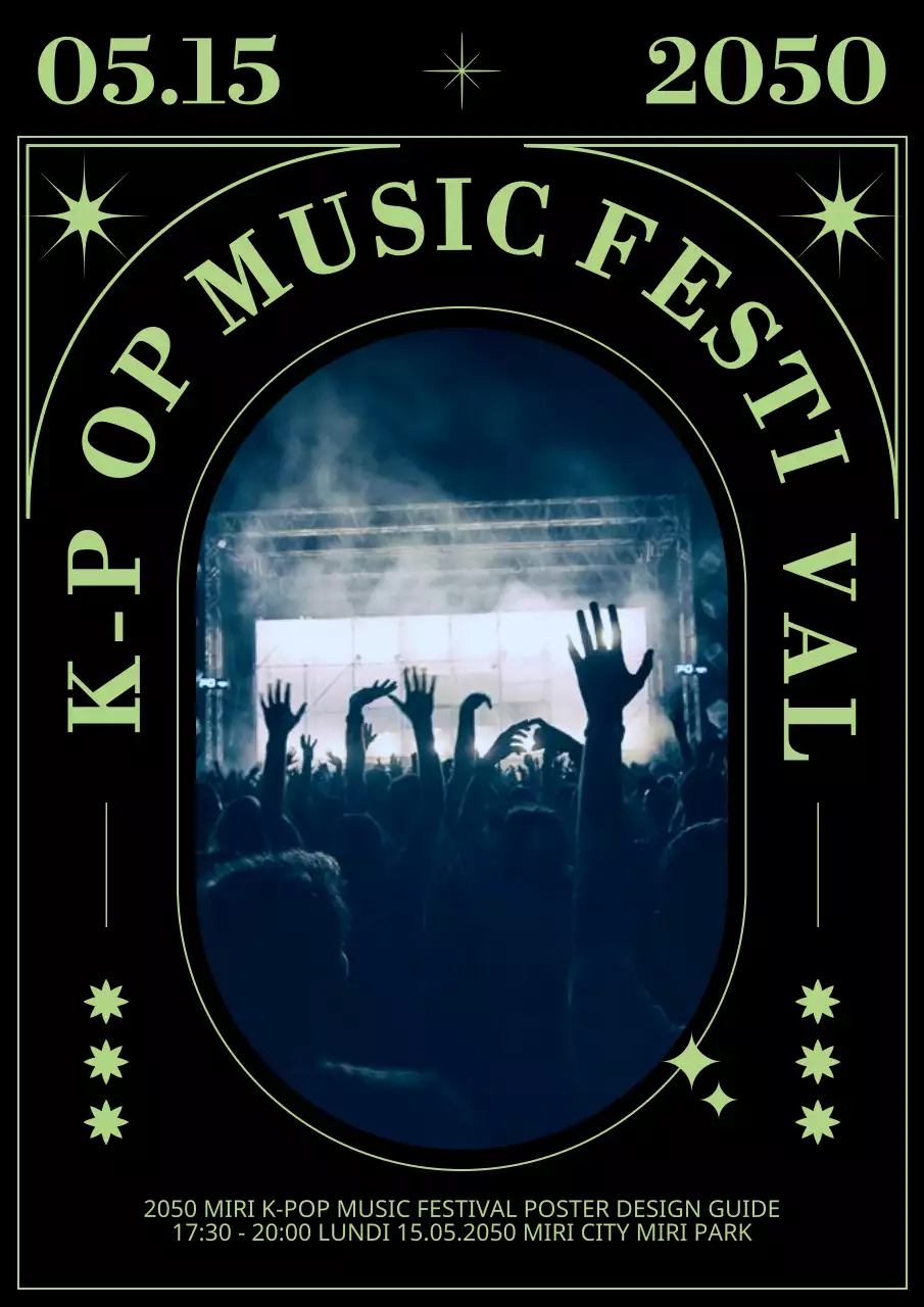 Festival de musique rock avec des étoiles et des rayures dans un thème noir et chartreuse