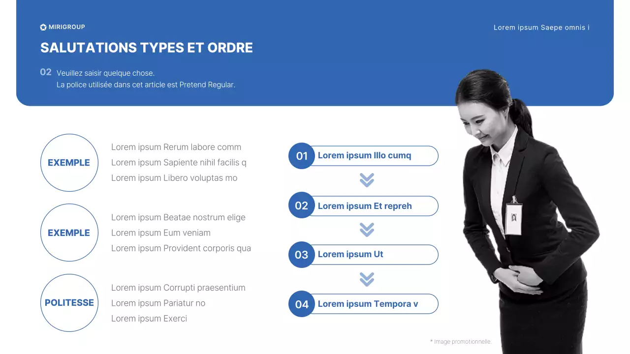 Séminaire de formation à la gentillesse pour le personnel des magasins du groupe Miri en bleu et gris Manuel CS Étiquette de salutation