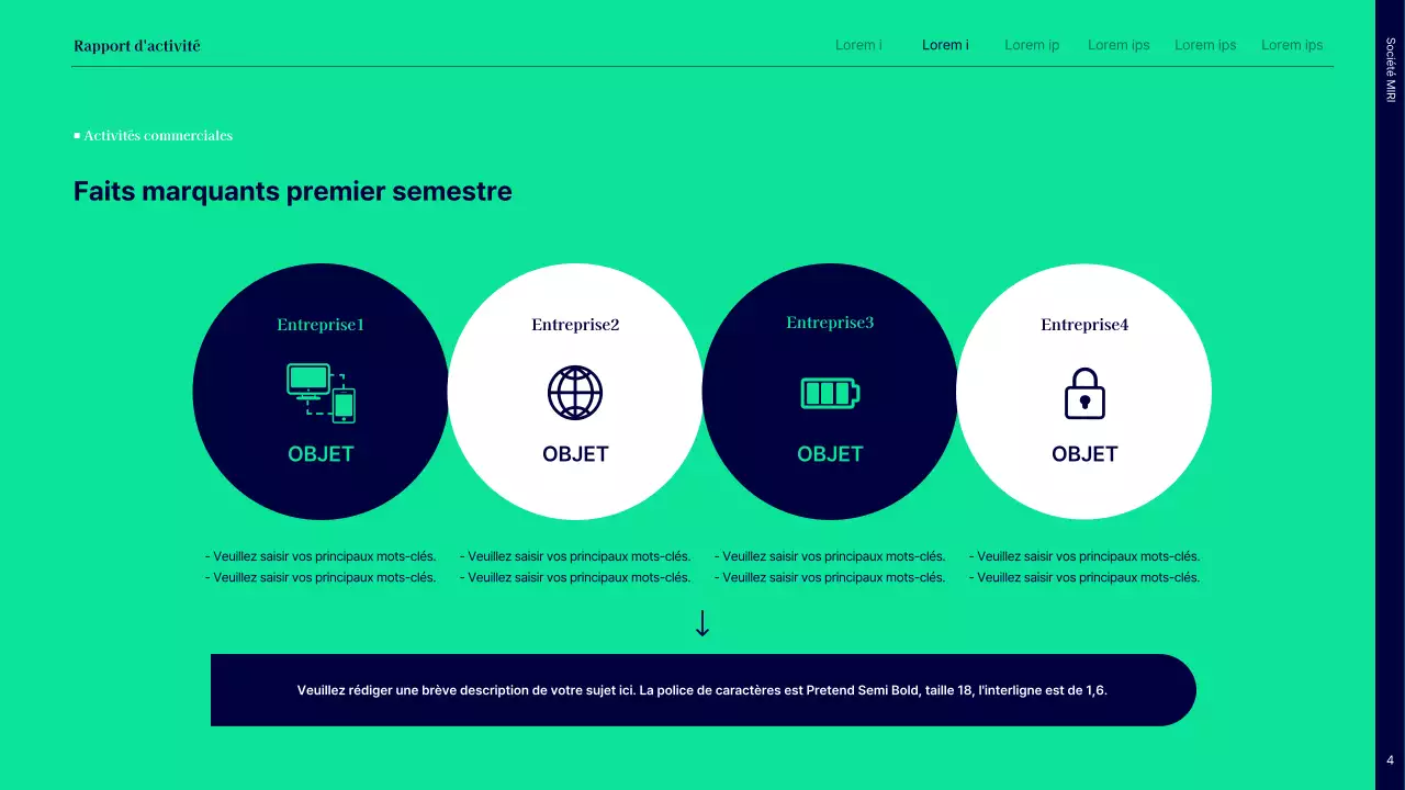 Rapport simple sur les performances du premier semestre avec des cercles bleus et verts