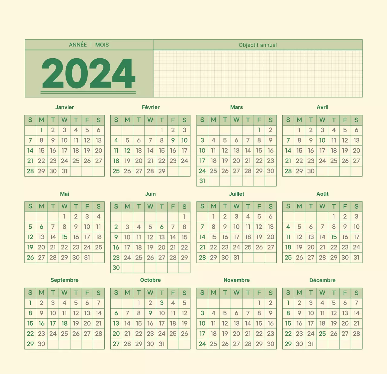 Calendrier mural SAT D-day notepad concept en vert et jaune clair