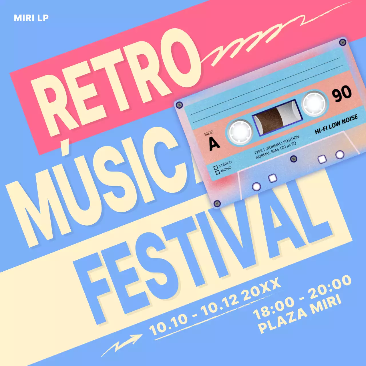 Anuncio de un festival de música retro en azul claro y amarillo
