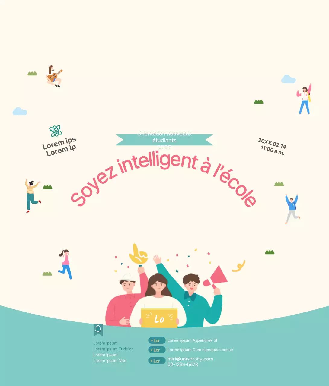 Illustré dans un style simple de bleu clair et de jaune clair, avec des informations sur l'orientation de l'école.